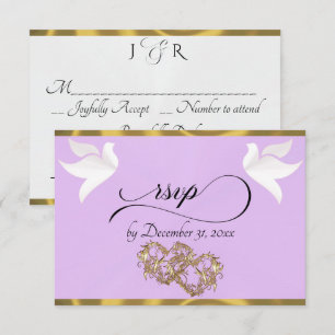 Cartão RSVP Coração, Pombas e Fita - Lavanda/Dourado