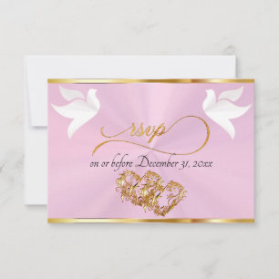 Cartão RSVP Coração, Pombas & Fita - Rosa Pastel/Dourado