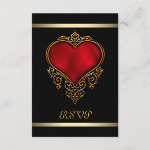Cartão RSVP Coração Preto Casamento Vermelho