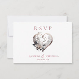 Cartão RSVP Coração Rosa Moderno com Casamento de Flores
