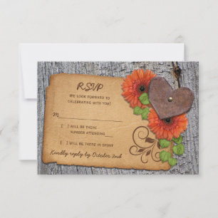 Cartão RSVP Coração Rústico Laranja Margarida Casamento no Cam