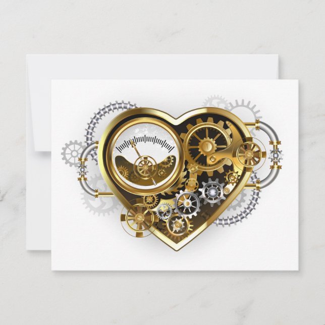 Cartão RSVP Coração Steampunk com Manômetro (Frente)