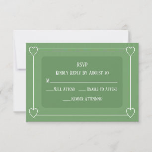 Cartão RSVP Corações Românticos Casamento Simples Verde Modern