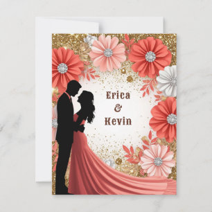 Cartão RSVP 💍 Coral Floral Dourada Aliança de Namoro 💍