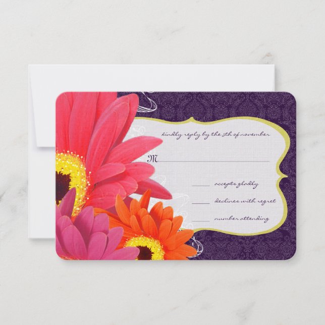 Cartão RSVP Coral Fuchsia EggPlant Gerber Daisy Wedding (Frente)