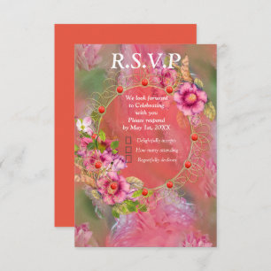 Cartão RSVP Coral, Grama e Sangue Rosa-de-Peônia
