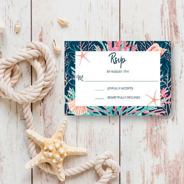 Cartão RSVP Coral Tropical | No Mar Casamento (Criador carregado)