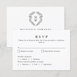 Cartão RSVP Coroa Botânica Simples e Elegante com Monograma de