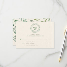 Cartão RSVP Coroa de Monograma de Folhagem com Aquarela Sofist