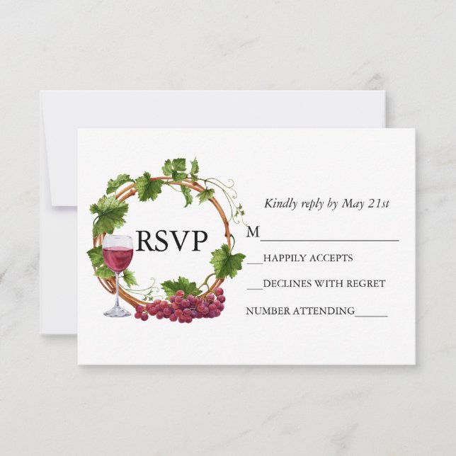 Cartão RSVP Coroa de Vinhas de Uva Aquarela de Casamento (Frente)