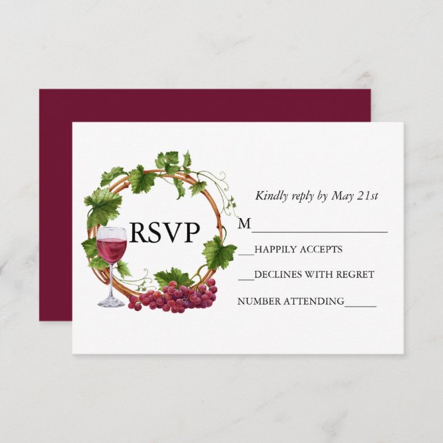 Cartão RSVP Coroa de Vinhas de Uva de Aquarela de Casamento Bo (Frente/Verso)
