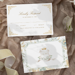Cartão RSVP Coroa Dourada Casamento Real Peacock Indiano Branc