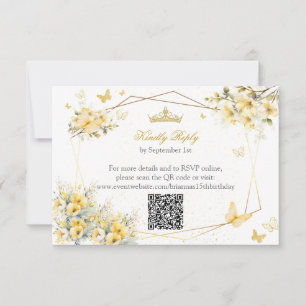 Cartão RSVP Coroa Floral de Borboletas Amarelas Douradas Quinc
