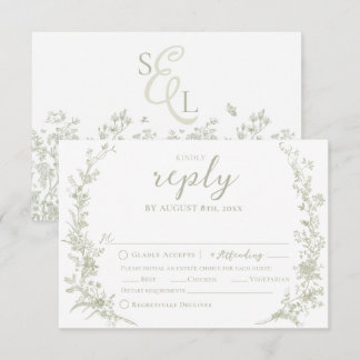 Cartão RSVP Coroa Floral Vintage Elegante Casamento Verde Sage