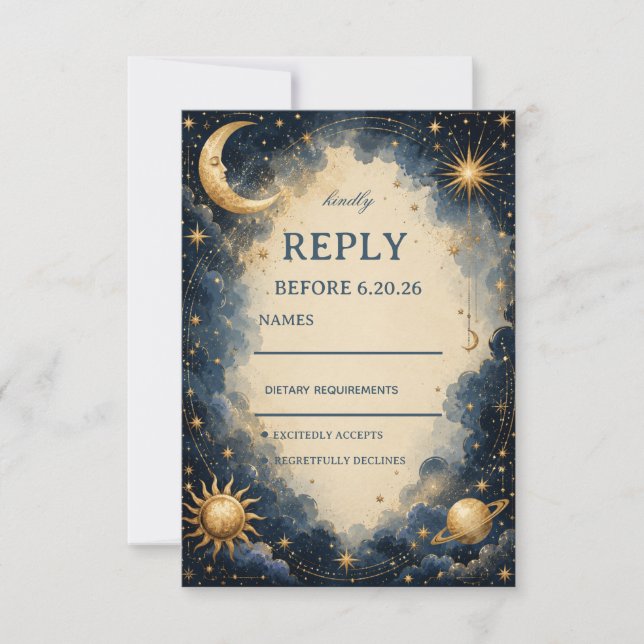 Cartão RSVP Cósmico Vintage Celestial (Frente)