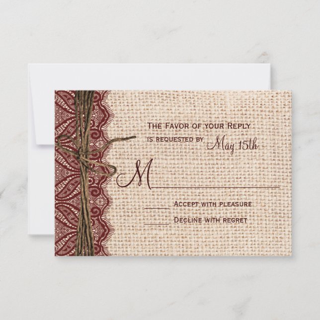 Cartão RSVP Country Burlap Maroon Red Lace Twine Casamento RSV (Frente)