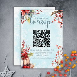 Cartão RSVP Cozy Winter Rowan berry buquê QR code Wedding