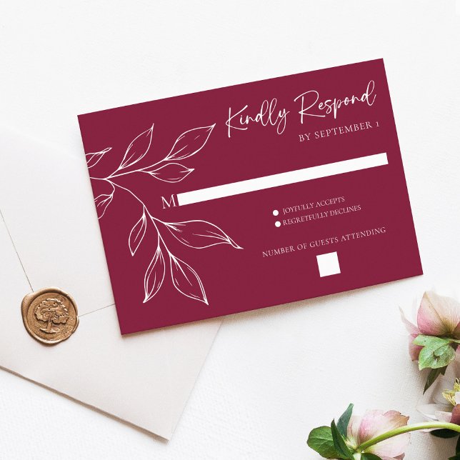 Cartão RSVP Cranberry Hand Drawn Foliage Wedding Response Card (Cranberry Hand Drawn Foliage Wedding RSVP Response Card)