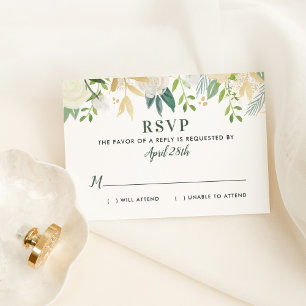 Cartão RSVP Cream Dourado Floral Greenery Casamento