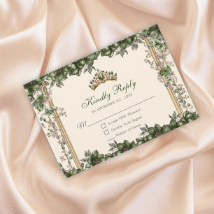 Cartão RSVP Cream e Verde Tiara Floral Dourada Quinceañera