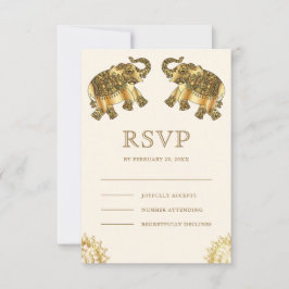 Cartão RSVP Cream Gold Ethnic Elephants Indian Wedding