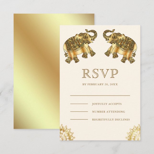 Cartão RSVP Cream Gold Ethnic Elephants Indian Wedding (Frente/Verso)