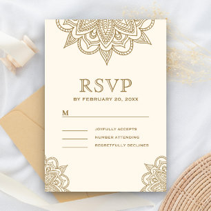 Cartão RSVP Creme e Dourado Henna Mehndi Casamento