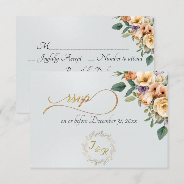 Cartão RSVP Creme Floral e Grinalda - Branco Pérola (Frente/Verso)