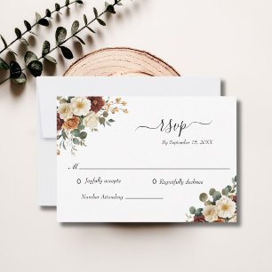Cartão RSVP Creme Floral Elegante Casamento Borgonha