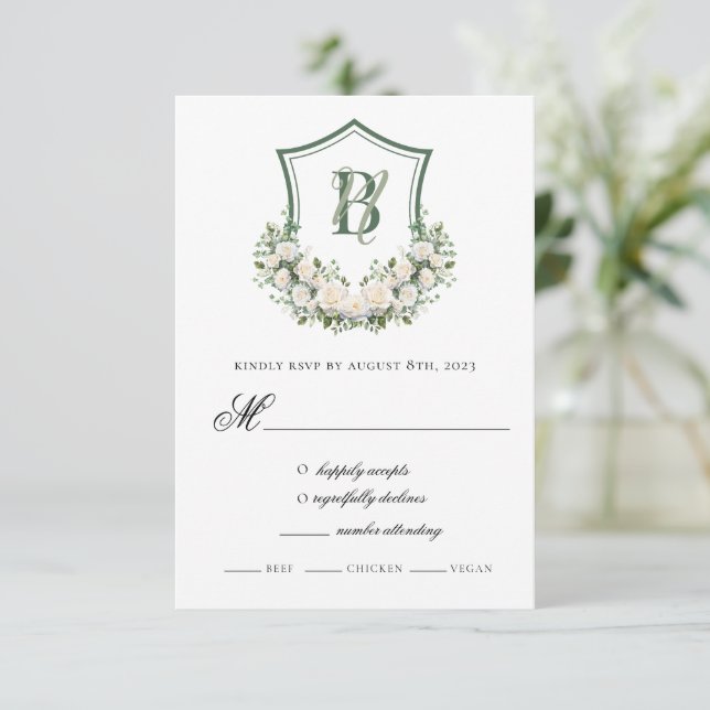 Cartão RSVP Crest de Flores Brancas Casamento (Em pé/Frente)