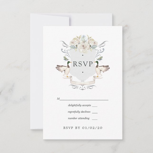 Cartão RSVP Crest de Pato-real Casamento Elegante no Lago (Frente)