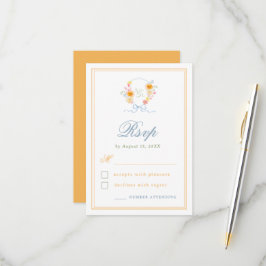 Cartão RSVP Crest Floral com Laço Monograma Casamento de Prima