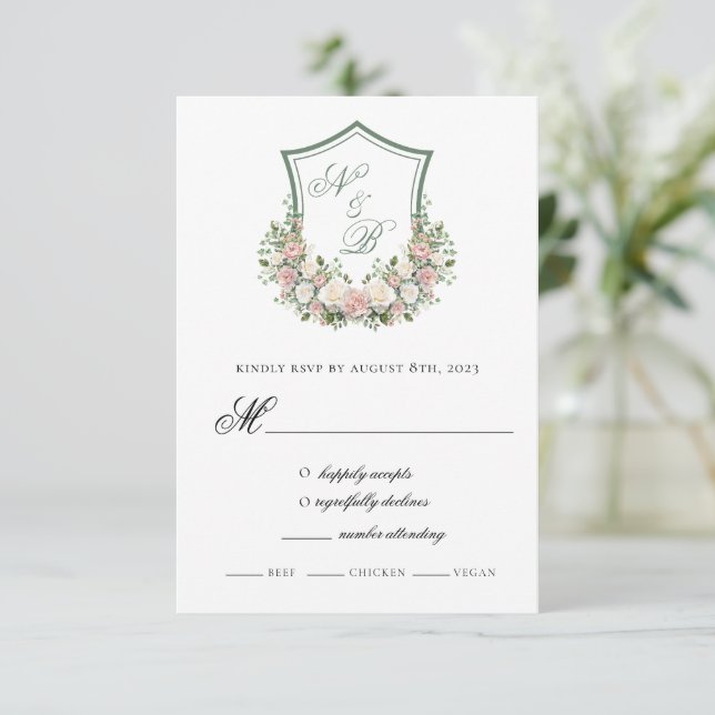 Cartão RSVP Crest Floral Rosa (Em pé/Frente)