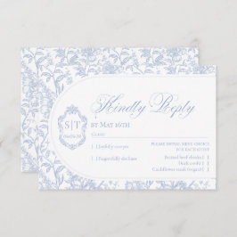 Cartão RSVP Crest Monogram Blue and White Floral Script