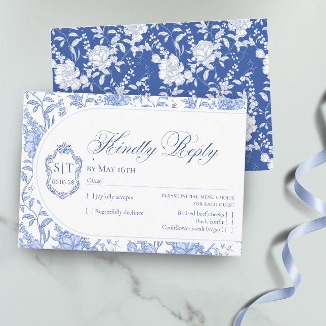 Cartão RSVP Crest Monogram Delft Blue Floral Script (Criador carregado)