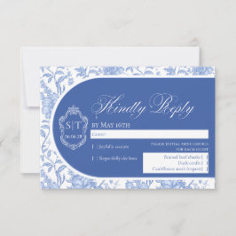 Cartão RSVP Crest Monogram Delft Blue Floral Script