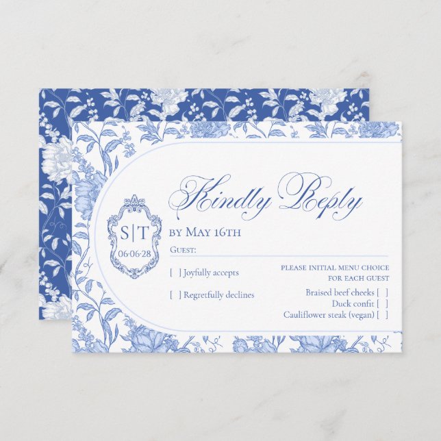 Cartão RSVP Crest Monogram Delft Blue Floral Script (Frente/Verso)