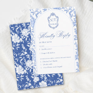 Cartão RSVP Crest Monograma Delft Azul Floral Script