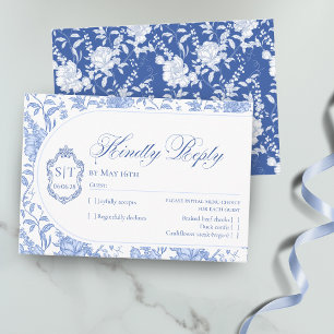 Cartão RSVP Crest Monograma Delft Azul Floral Script