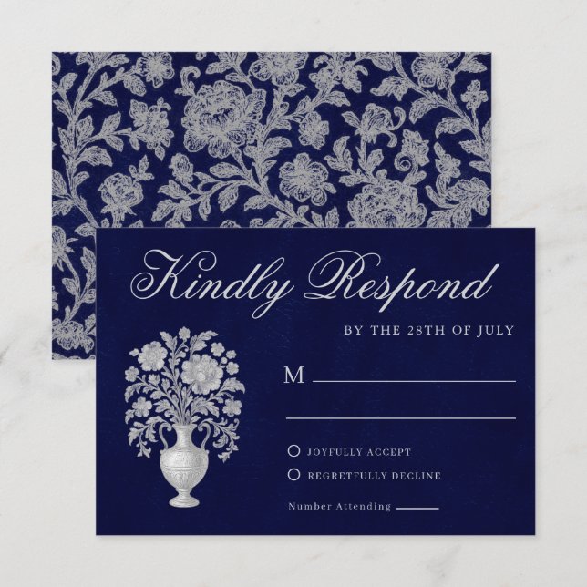Cartão RSVP Crest Monograma Elegante Casamento Heritage Azul M (Frente/Verso)