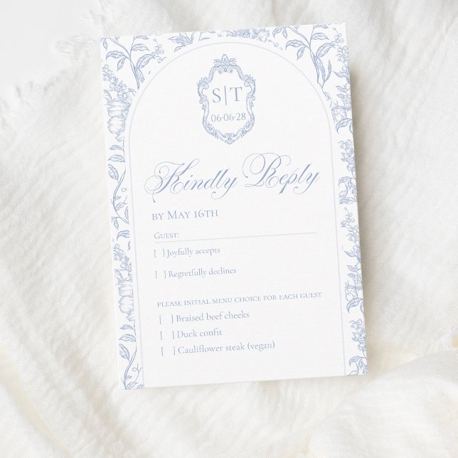 Cartão RSVP Crest Monograma Floral Azul Delft Macio Script (Criador carregado)