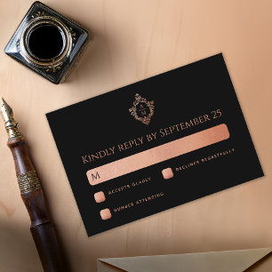 Cartão RSVP Crest Preto Rosa Dourado Monograma Casamento
