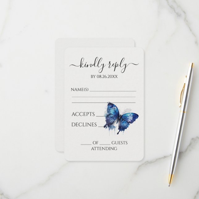 Cartão RSVP Crie Sua Própria Borboleta Pintada De Aquarela Azu (Frente/Verso In Situ)