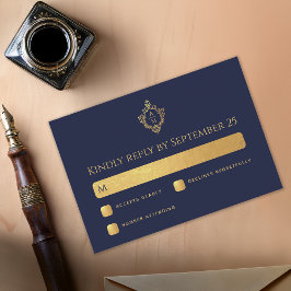 Cartão RSVP Crista Azul Marinho Monograma de Casamento Falso D