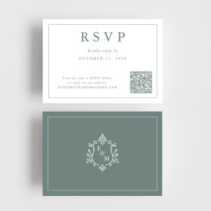 Cartão RSVP Crista de Monograma de Casamento Código QR Verde S