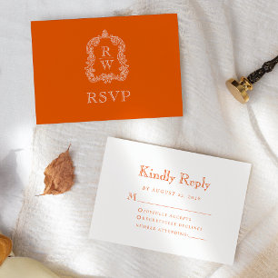 Cartão RSVP Crista de Monograma Laranja Caqui Casamento