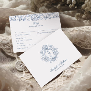 Cartão RSVP Crista Monograma Regência Vintage Elegante Casamen