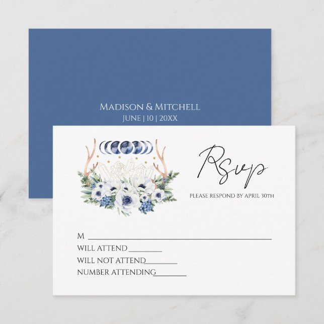 Cartão RSVP Cristais de Lua Flores Boho Metafísico Casamento  (Frente/Verso)