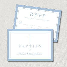 Cartão RSVP Crucifixo Religioso Azul Bebê Menino Batismo