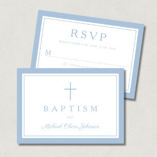 Cartão RSVP Crucifixo Religioso Azul Bebê Menino Batismo 